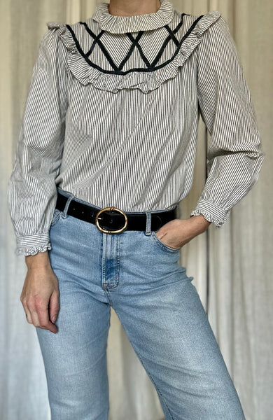 Vintage Victorian Prairie Blouse , Green & White Stripe Cotton with Velvet Trim