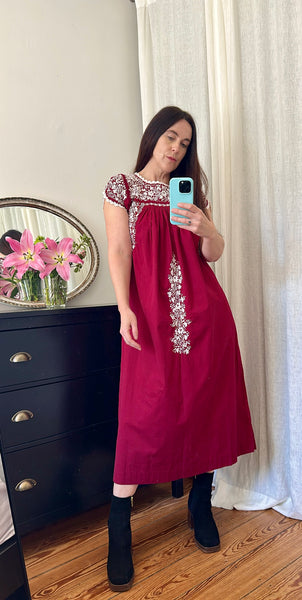 Vintage 1970s Oaxacan Mexican Embroidered Dress,  Folk Art Cotton Maxi