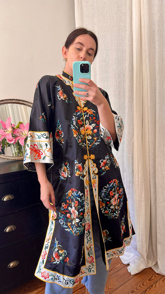 Antique Oriental Silk Robe - Black Embroidered Kimono Cheongsam Jacket