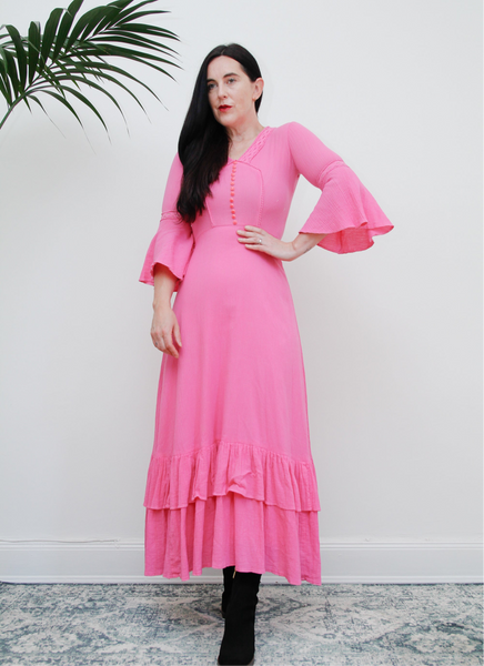 Vintage Pink Cotton Floral Cheesecloth Maxi Kaftan Dress