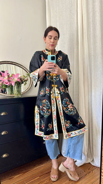 Antique Oriental Silk Robe - Black Embroidered Kimono Cheongsam Jacket