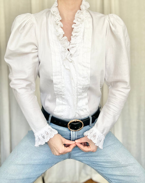 Vintage Victorian Style Cotton Blouse | Puff Shoulder Ruffle Gothic Top