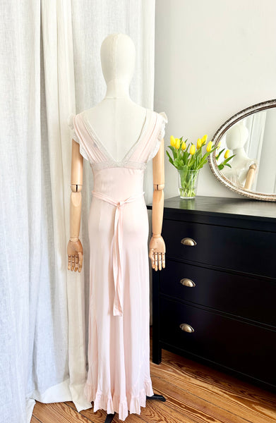 Rare 1930s Bias Cut Silk Nightgown | Pink Lace Embroidered Antique