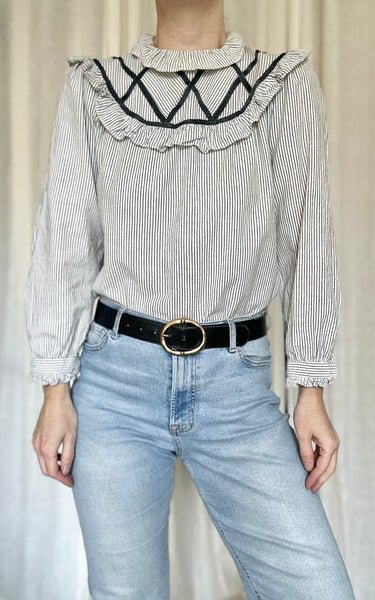 Vintage Victorian Prairie Blouse , Green & White Stripe Cotton with Velvet Trim