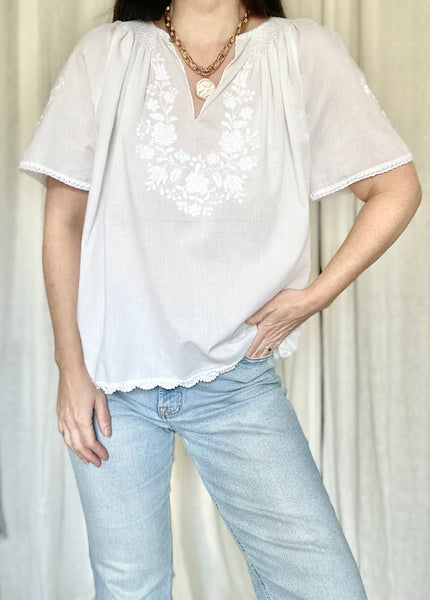 Vintage 1970s Hungarian Cotton Blouse - White Floral Hand Embroidered