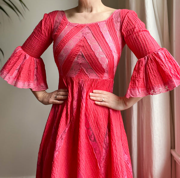 Vintage Coral Cotton Mexican Maxi Lace Dress