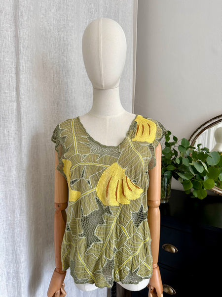 Vintage 1980s Tropical Leaf Mesh Top with Yellow Banana Appliqué