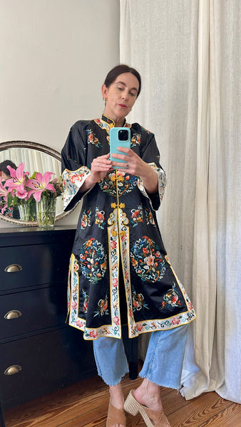 Antique Oriental Silk Robe - Black Embroidered Kimono Cheongsam Jacket