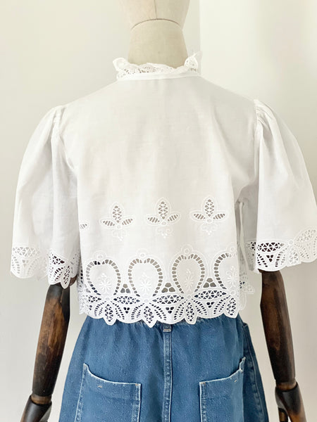 Traditional 1970's Cotton Anglaise Puffy Sleeve Frill Blouse