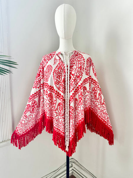 Vintage 1970s Towelling Kaftan Poncho Top, Red Paisley Bohemian Cotton