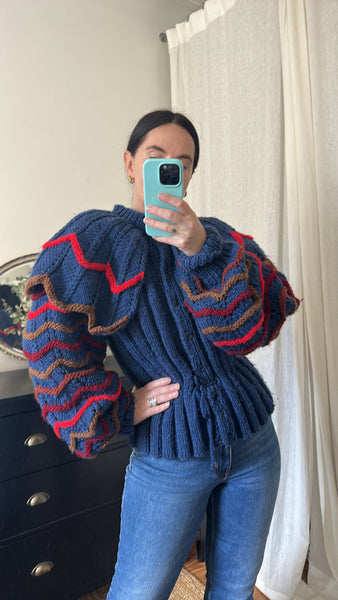 Vintage 1980s Chunky Knit Cardigan, Dramatic Ruffled Shoulders & Balloon Sleeves
