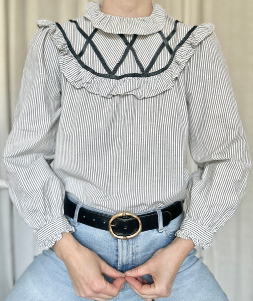 Vintage Victorian Prairie Blouse , Green & White Stripe Cotton with Velvet Trim