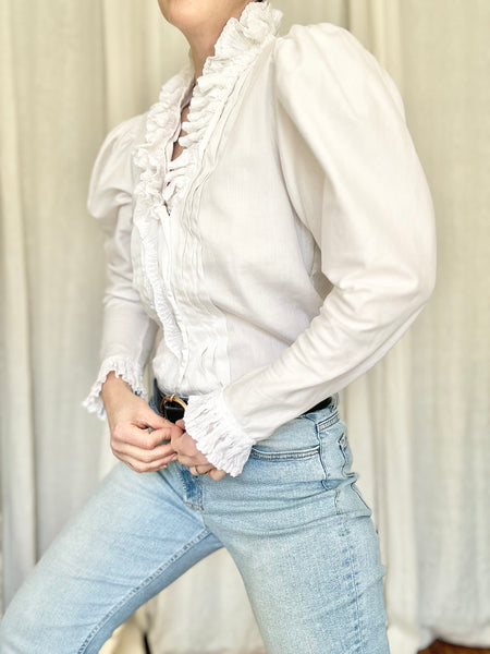 Vintage Victorian Style Cotton Blouse | Puff Shoulder Ruffle Gothic Top