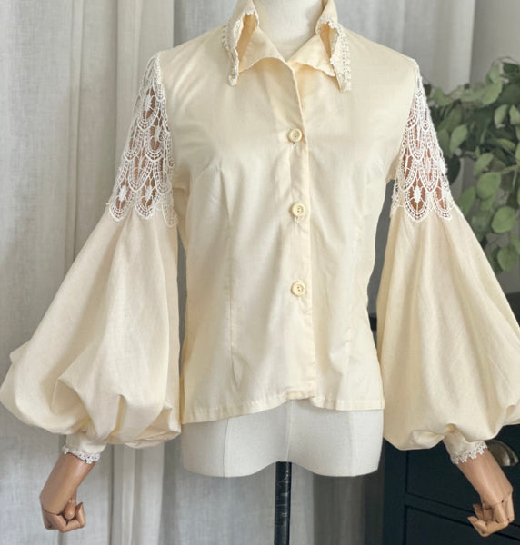 Vintage 1970s Boho Gothic Blouse, Cream Cotton with Bishop Sleeves