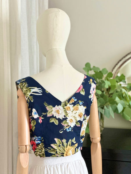 Vintage 1980s Floral Tie Front Bralette Crop Top