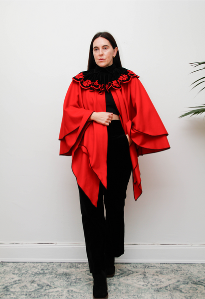 Vintage Crimson Red Wool Velvet Cape – Gothic Bohemian Statement