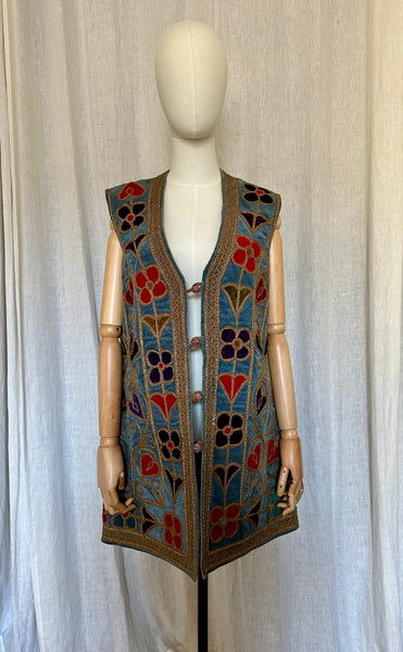 Rare 1960s Blue Velvet Embroidered Waistcoat – Folklore Floral & Heart Design, Bohemian Vintage Vest