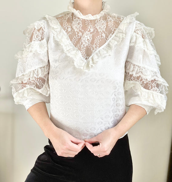 1970's Victorian Gothic Lace Floral  Blouse