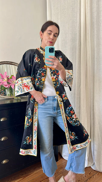 Antique Oriental Silk Robe - Black Embroidered Kimono Cheongsam Jacket