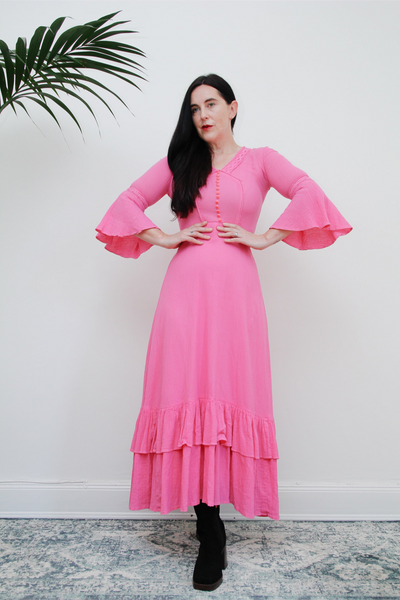 Vintage Pink Cotton Floral Cheesecloth Maxi Kaftan Dress