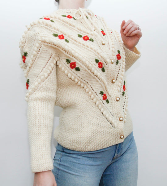 1980's Floral Folklore 3D Popcorn Knitted Wool Cardigan