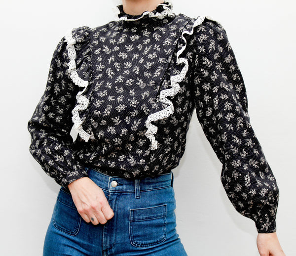 Vintage 1970s Prairie Blouse – Navy Ditsy Floral with Frills