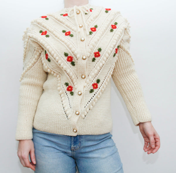 1980's Floral Folklore 3D Popcorn Knitted Wool Cardigan