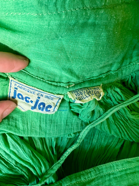 1970s Indian Gauze Cotton Dress – Vintage Green Boho Smock with Adjustable Sun Straps