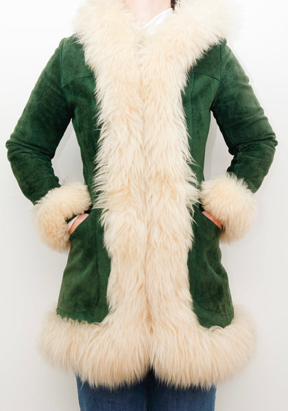 1970's Green Afghan Penny Lane Suede Sheepskin Coat