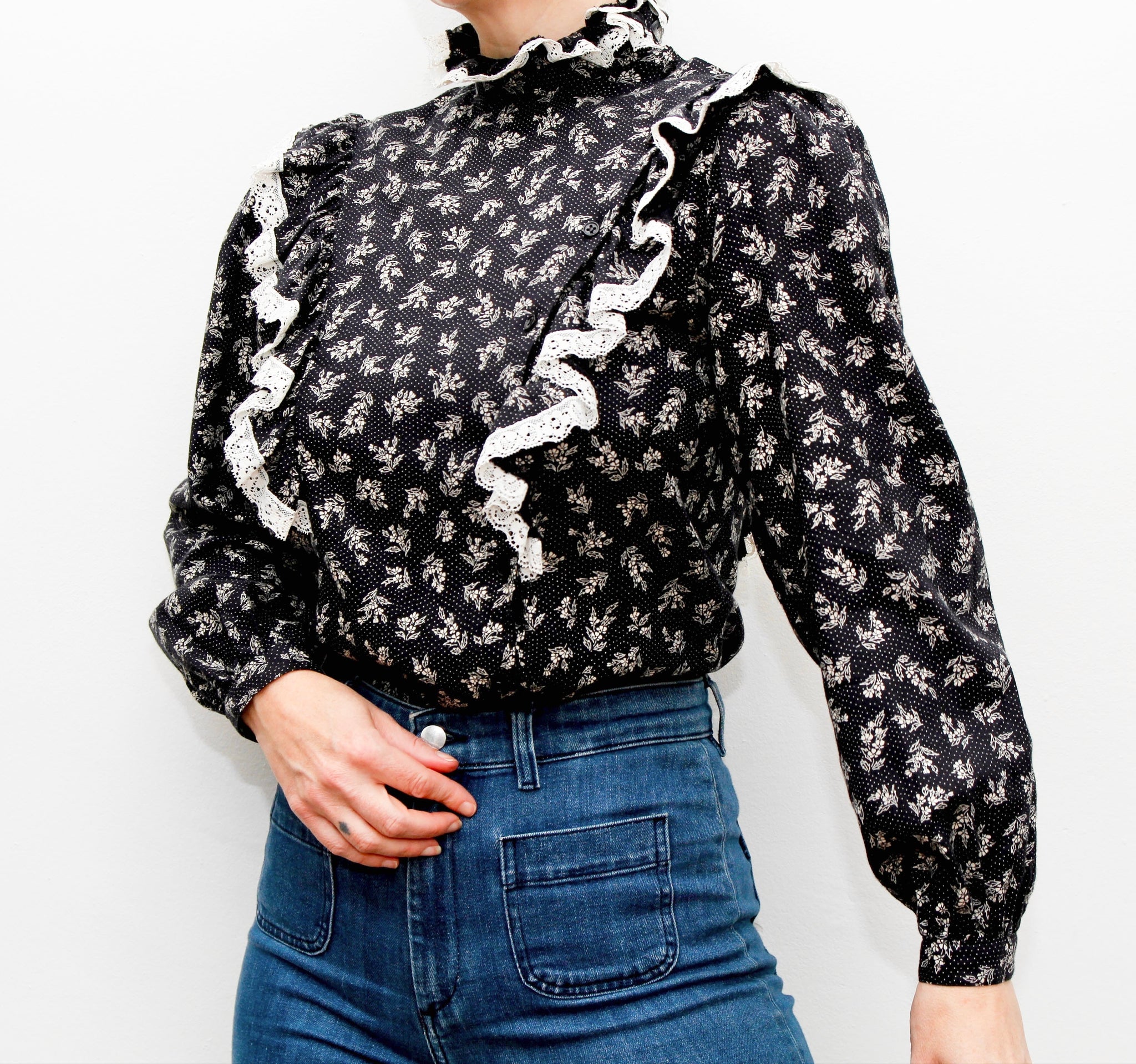 Vintage 1970s Prairie Blouse – Navy Ditsy Floral with Frills