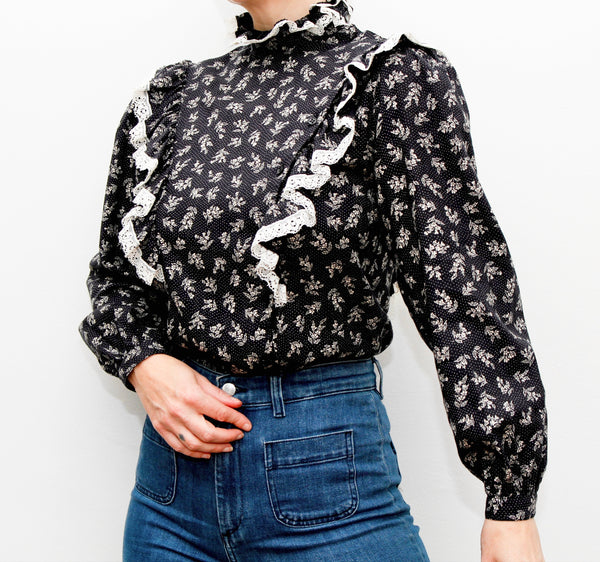 Vintage 1970s Prairie Blouse – Navy Ditsy Floral with Frills