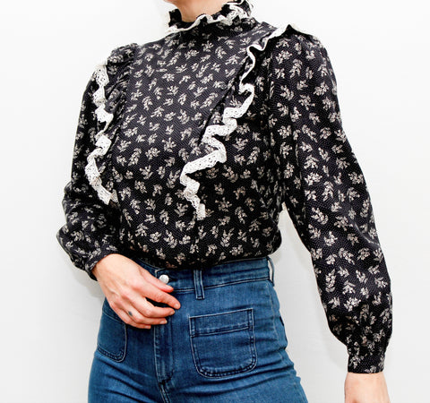 Vintage 1970s Prairie Blouse – Navy Ditsy Floral with Frills