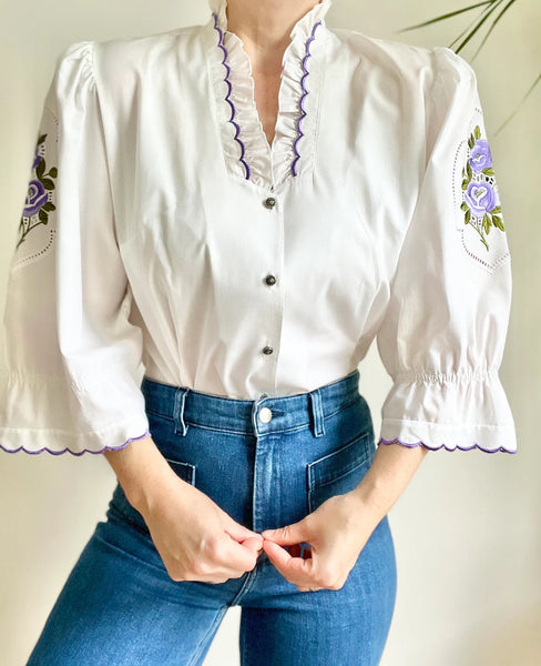 Vintage White Cotton Floral Frilly Blouse
