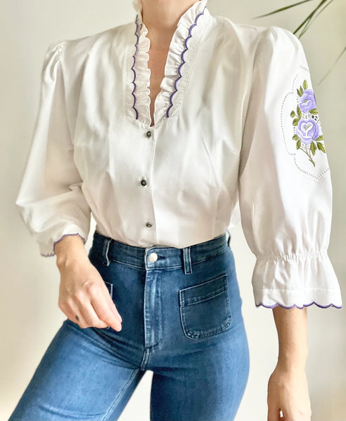 Vintage White Cotton Floral Frilly Blouse
