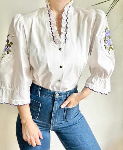Vintage White Cotton Floral Frilly Blouse