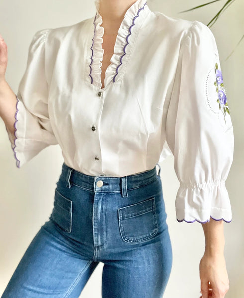 Vintage White Cotton Floral Frilly Blouse