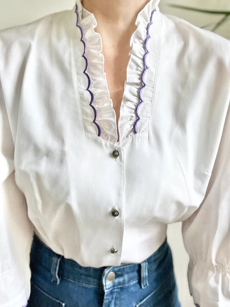Vintage White Cotton Floral Frilly Blouse