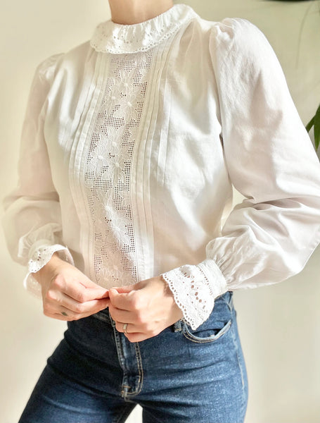 Vintage White Cotton Blouse with Tudor Style Collar