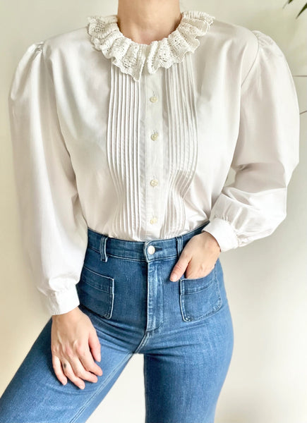 Vintage White Cotton Blouse with Tudor Style Collar