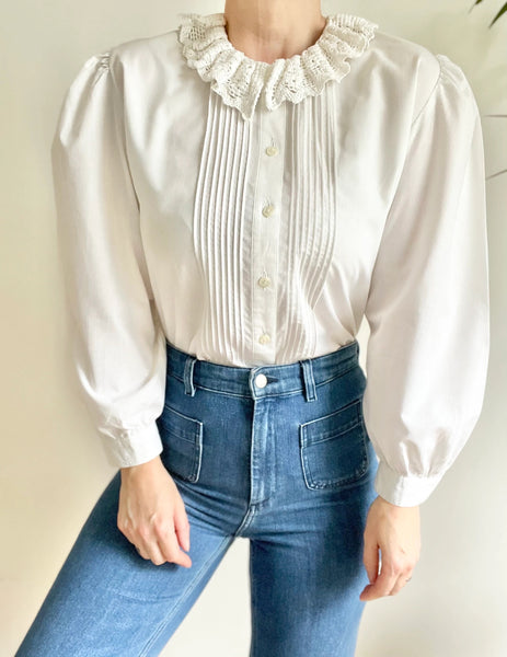 Vintage White Cotton Blouse with Tudor Style Collar