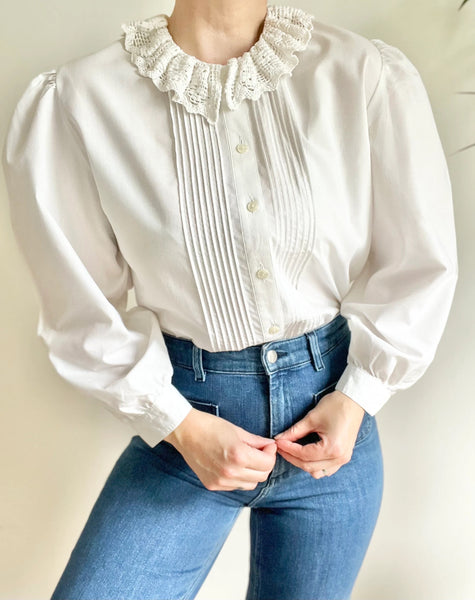 Vintage White Cotton Blouse with Tudor Style Collar