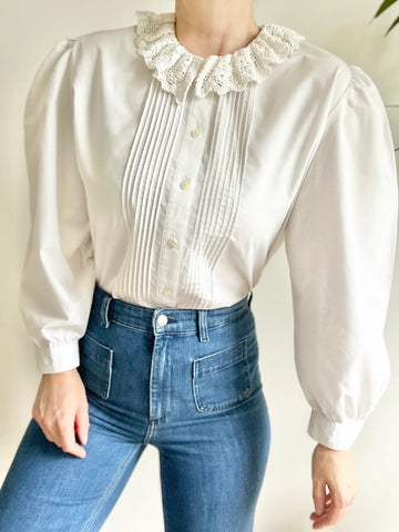 Vintage White Cotton Blouse with Tudor Style Collar