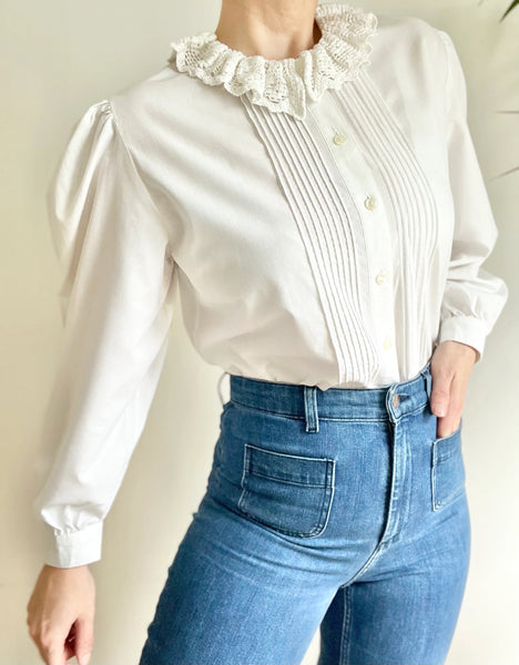 Vintage White Cotton Blouse with Tudor Style Collar