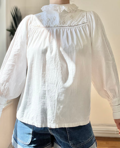 Vintage Boho Cotton Blouse with Ruffle Neck & Pearl Details