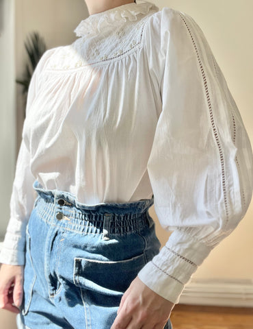 Vintage Boho Cotton Blouse with Ruffle Neck & Pearl Details