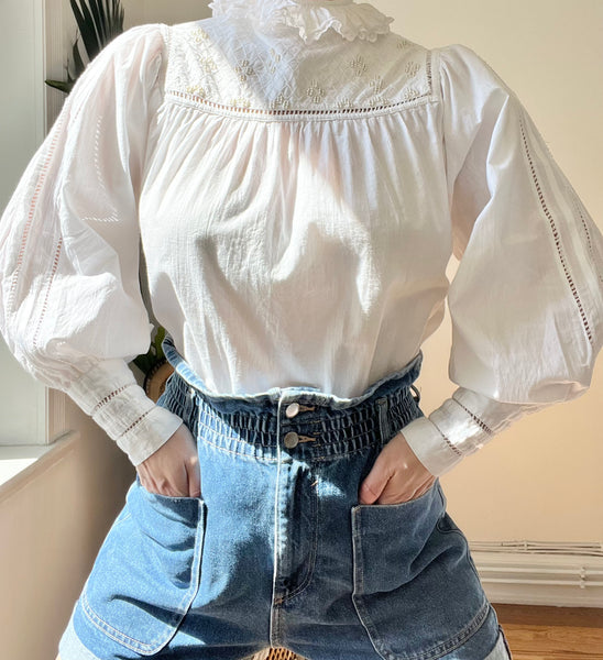 Vintage Boho Cotton Blouse with Ruffle Neck & Pearl Details