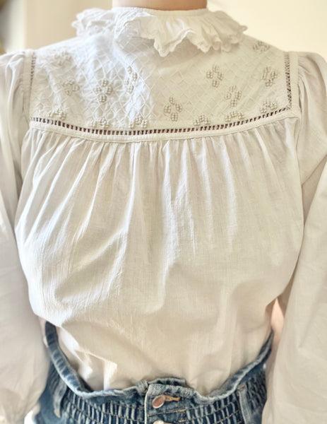 Vintage Boho Cotton Blouse with Ruffle Neck & Pearl Details