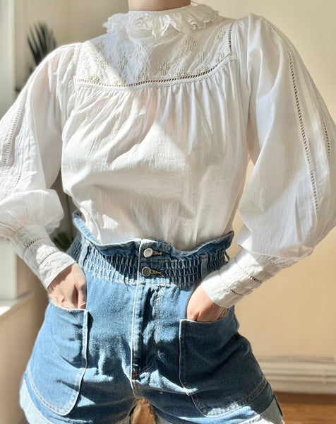 Vintage Boho Cotton Blouse with Ruffle Neck & Pearl Details