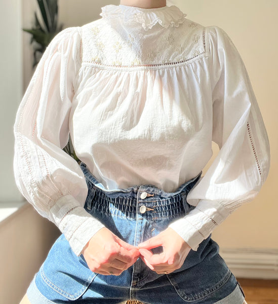 Vintage Boho Cotton Blouse with Ruffle Neck & Pearl Details
