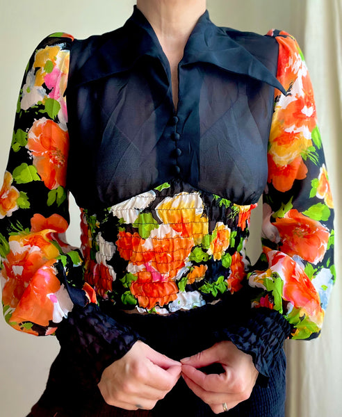 1970's Floral Prairie Dagger Collar Blouse Top